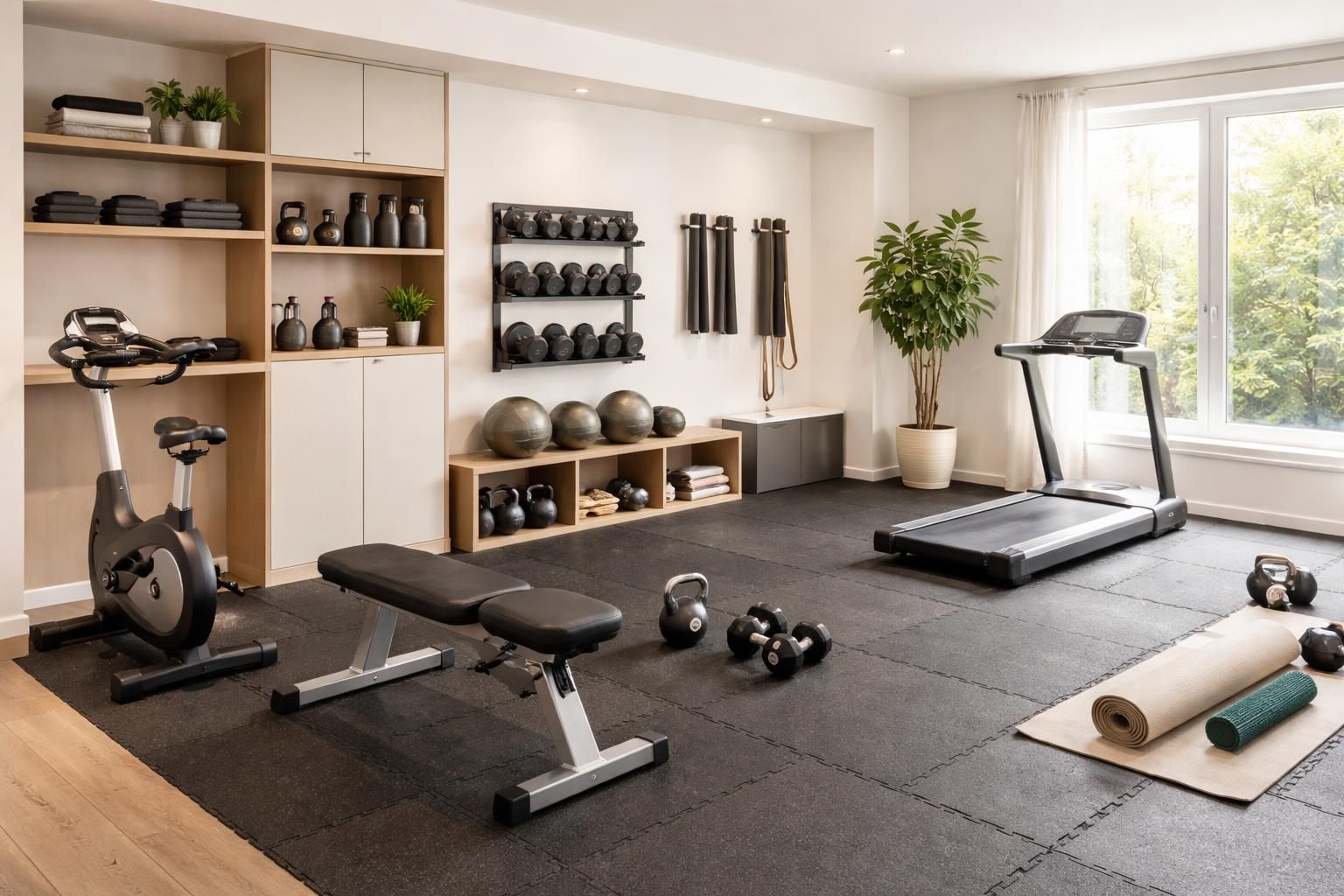 aménagez un coin sport dans votre maison rénovée avec un sol amortissant et des rangements pratiques pour vos équipements de fitness, alliant confort et organisation.